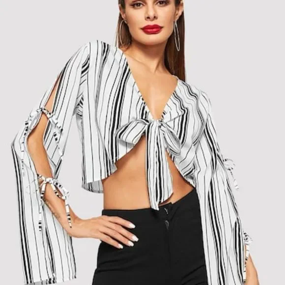 Split Bell sleeve tie front crop top - Picture 2 of 4